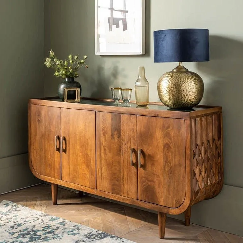 4-door mango sideboard with carved detailing and marble top