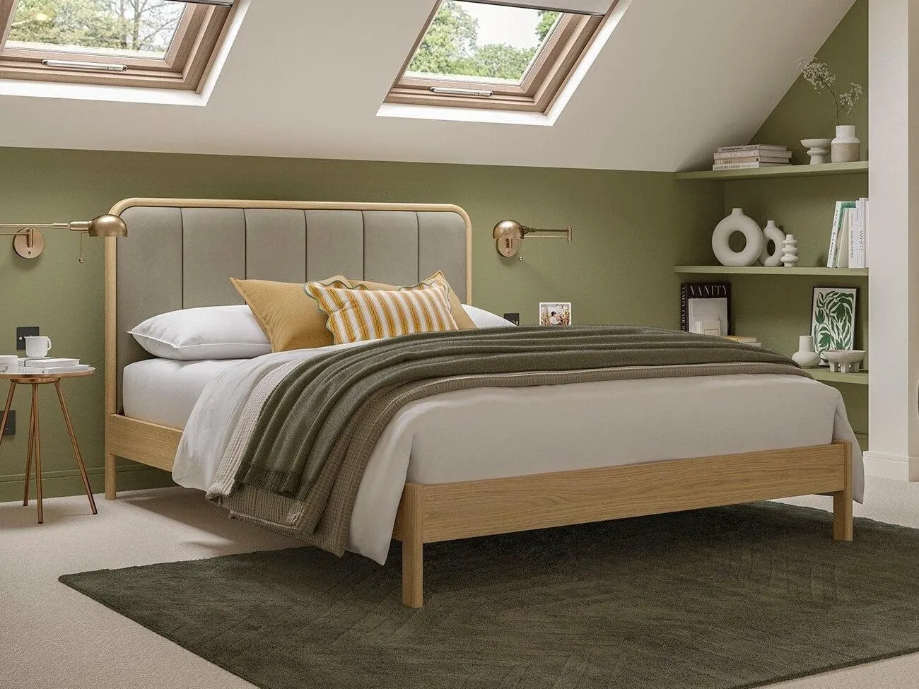 Oak bed frame with taupe velvet headboard