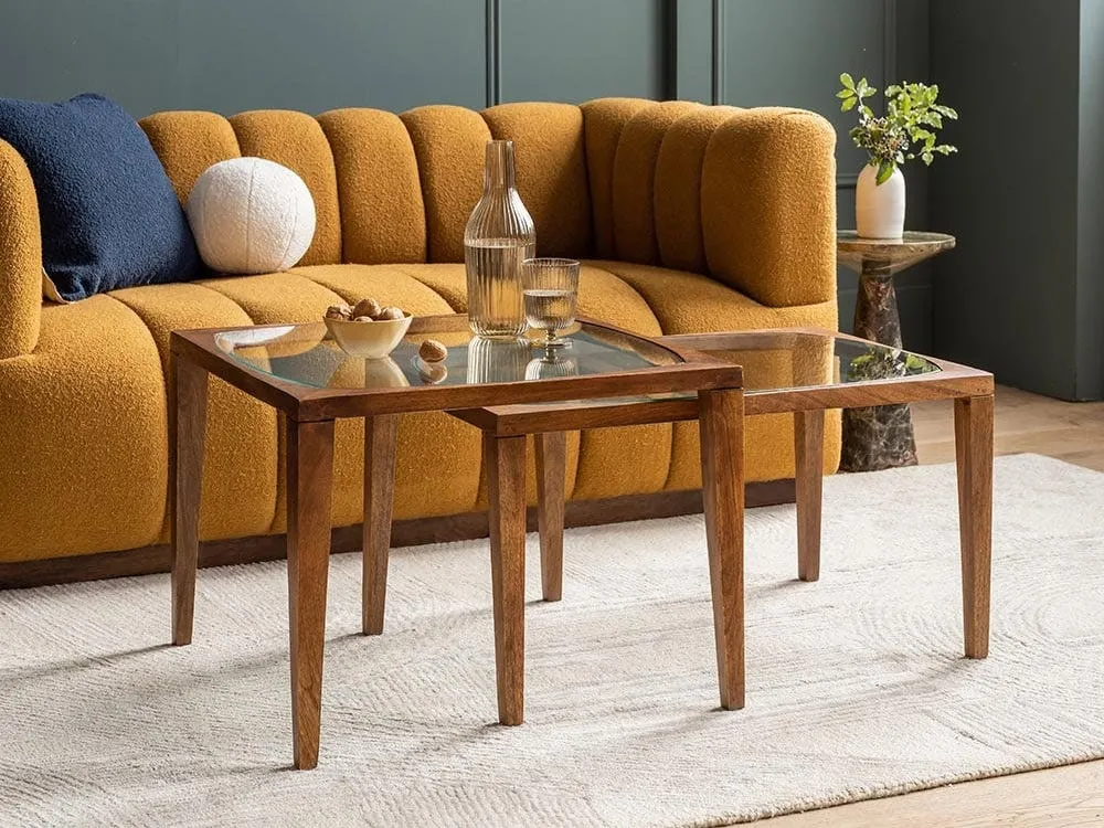 Nesting coffee table with glass tops and mango wood frames