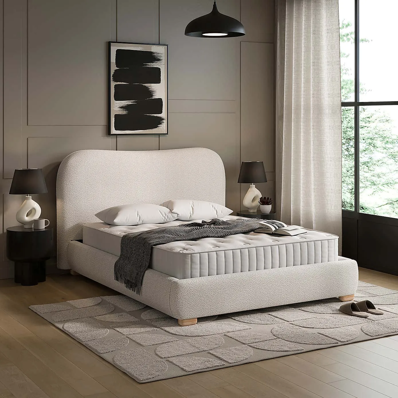 Boucle fabric upholstered bed frame with curvy profile