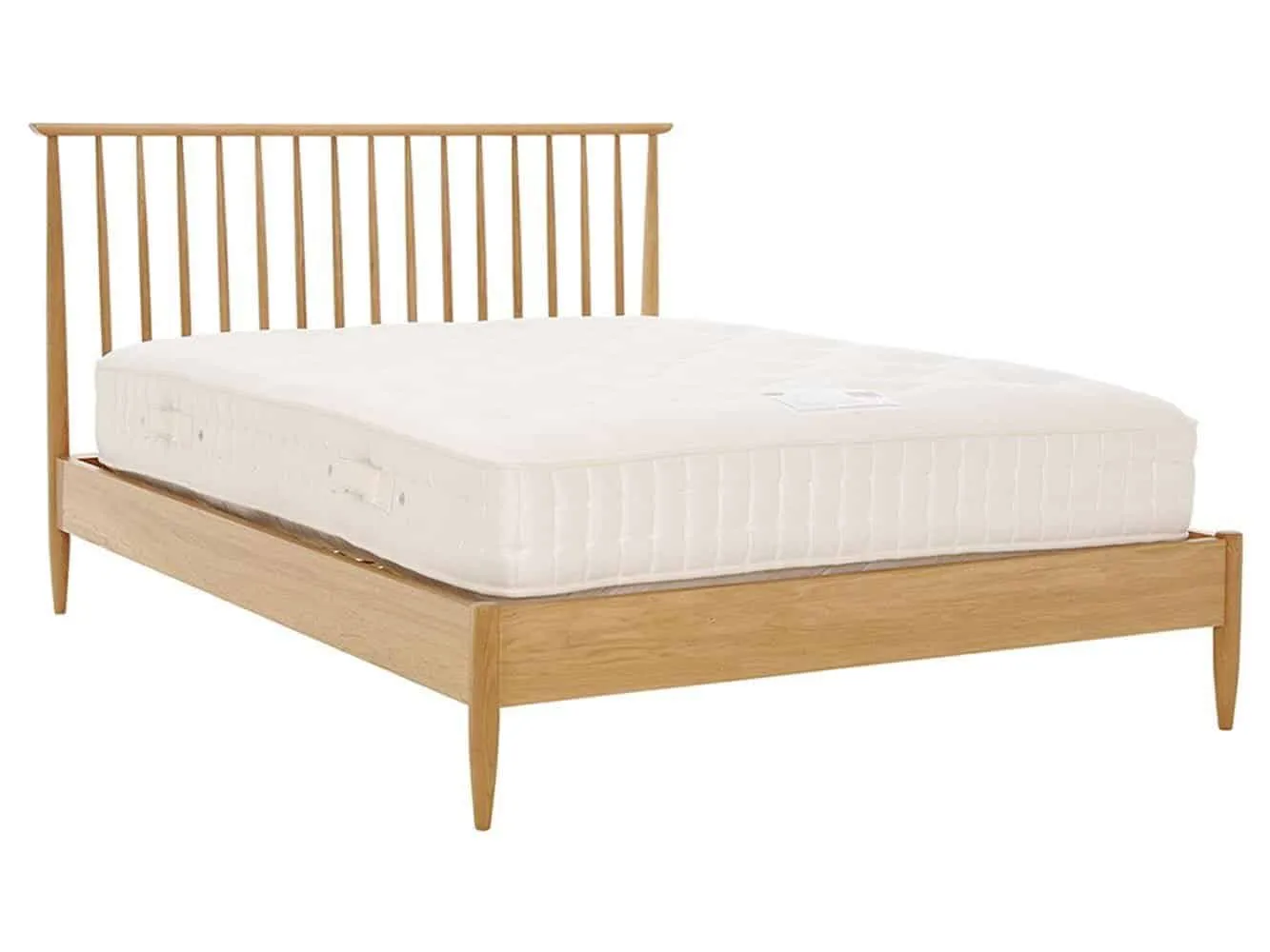 Oak bed frame with large spindle headboard