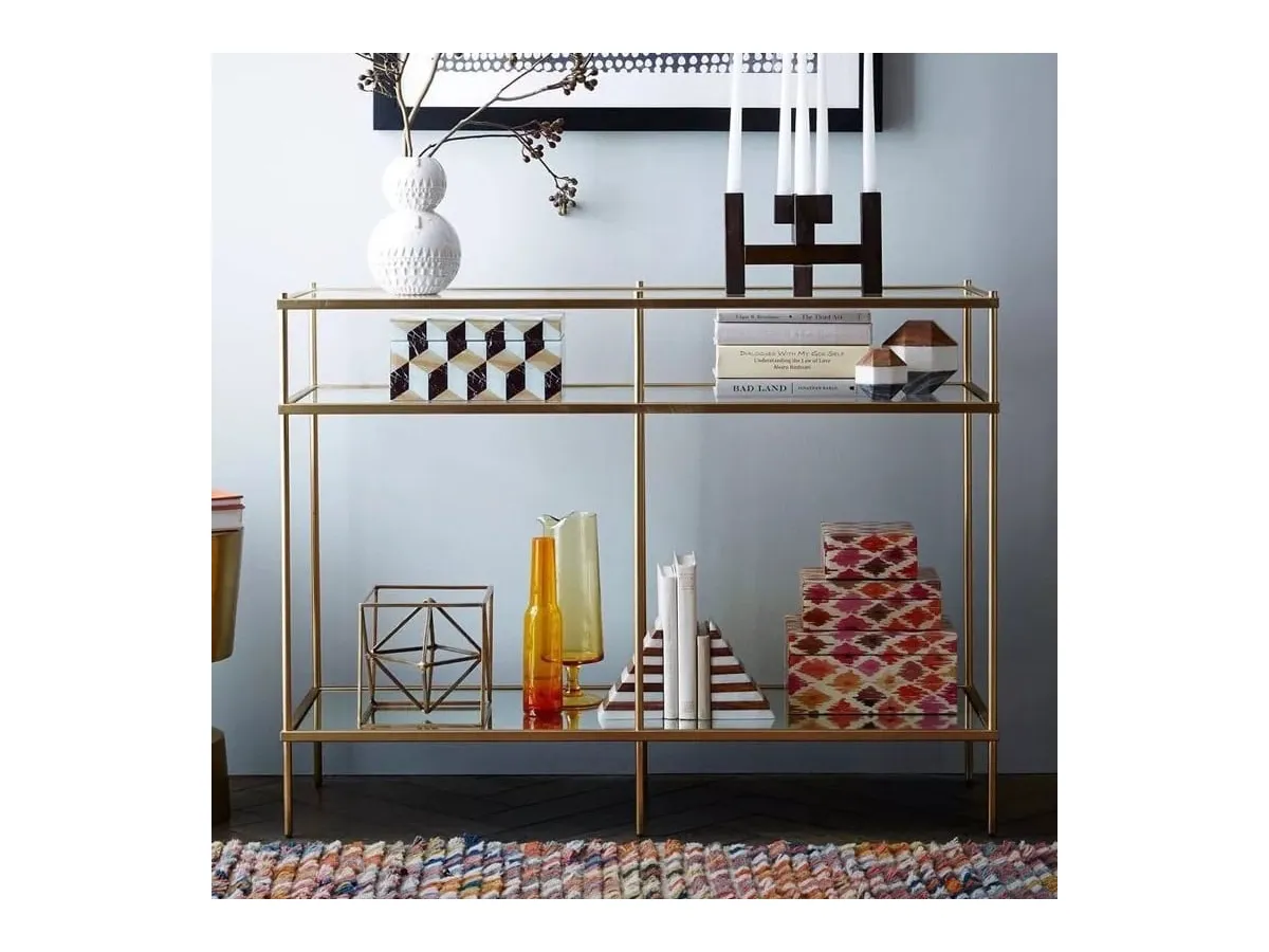 Brass frame console table with glass shelves