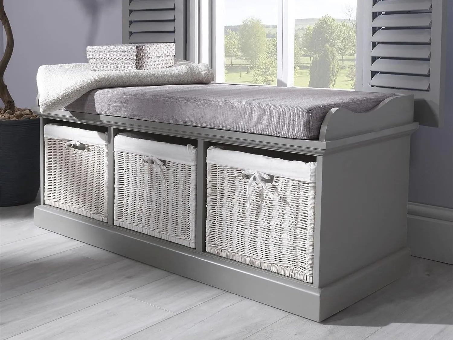 Grey storage bench with cushion and 3 baskets