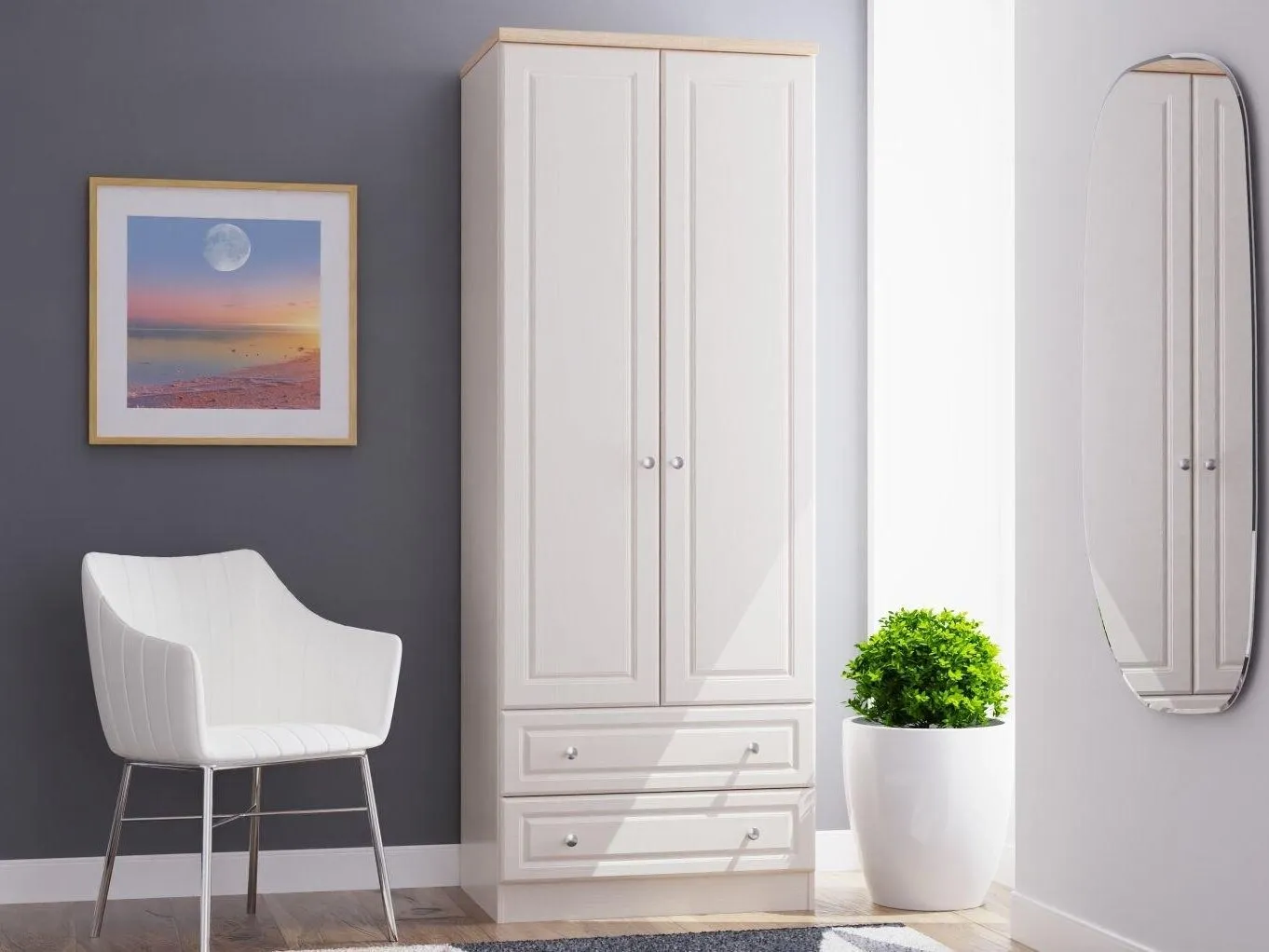 White 2-door wardrobe with 2 drawers