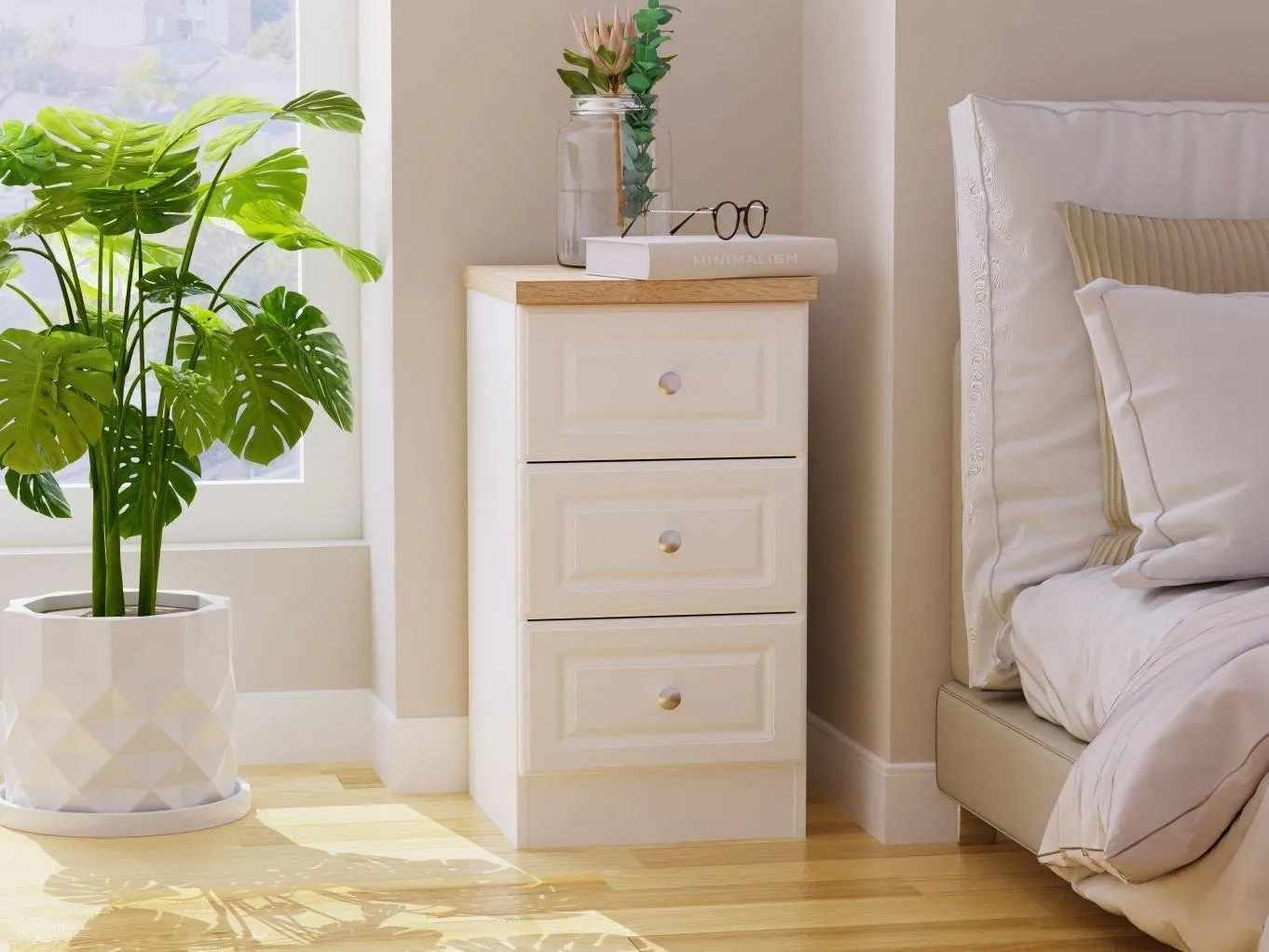 Off-white 3-drawer bedside table with oak top