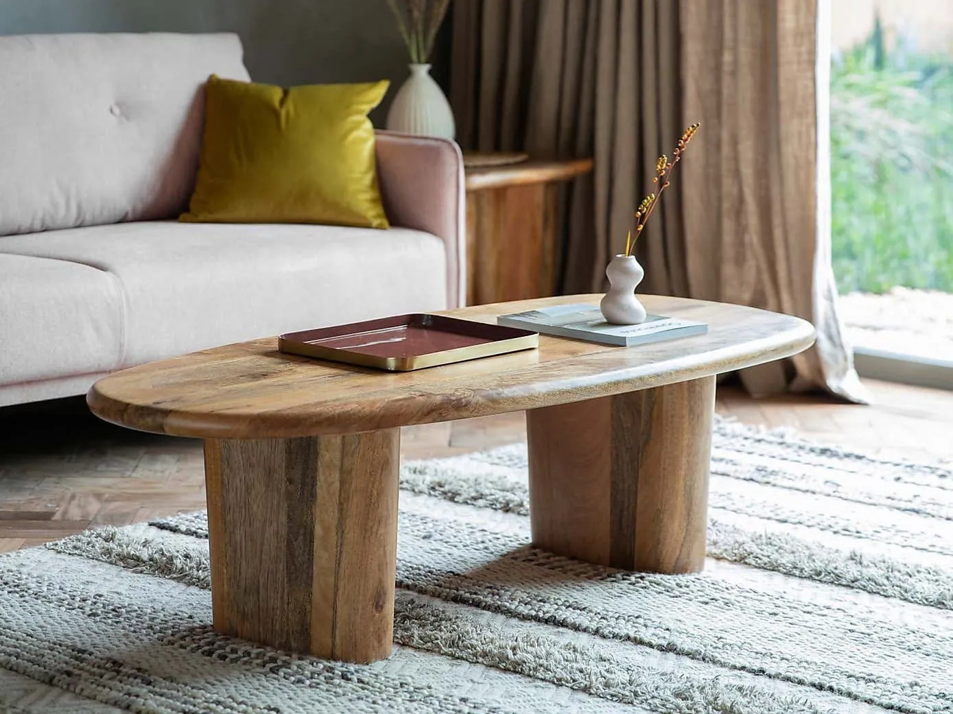 Rounded edge coffee table made from solid mango wood