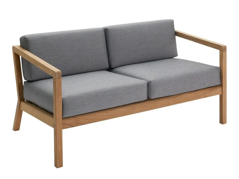 Teak frame outdoor sofa with grey fabric cushions