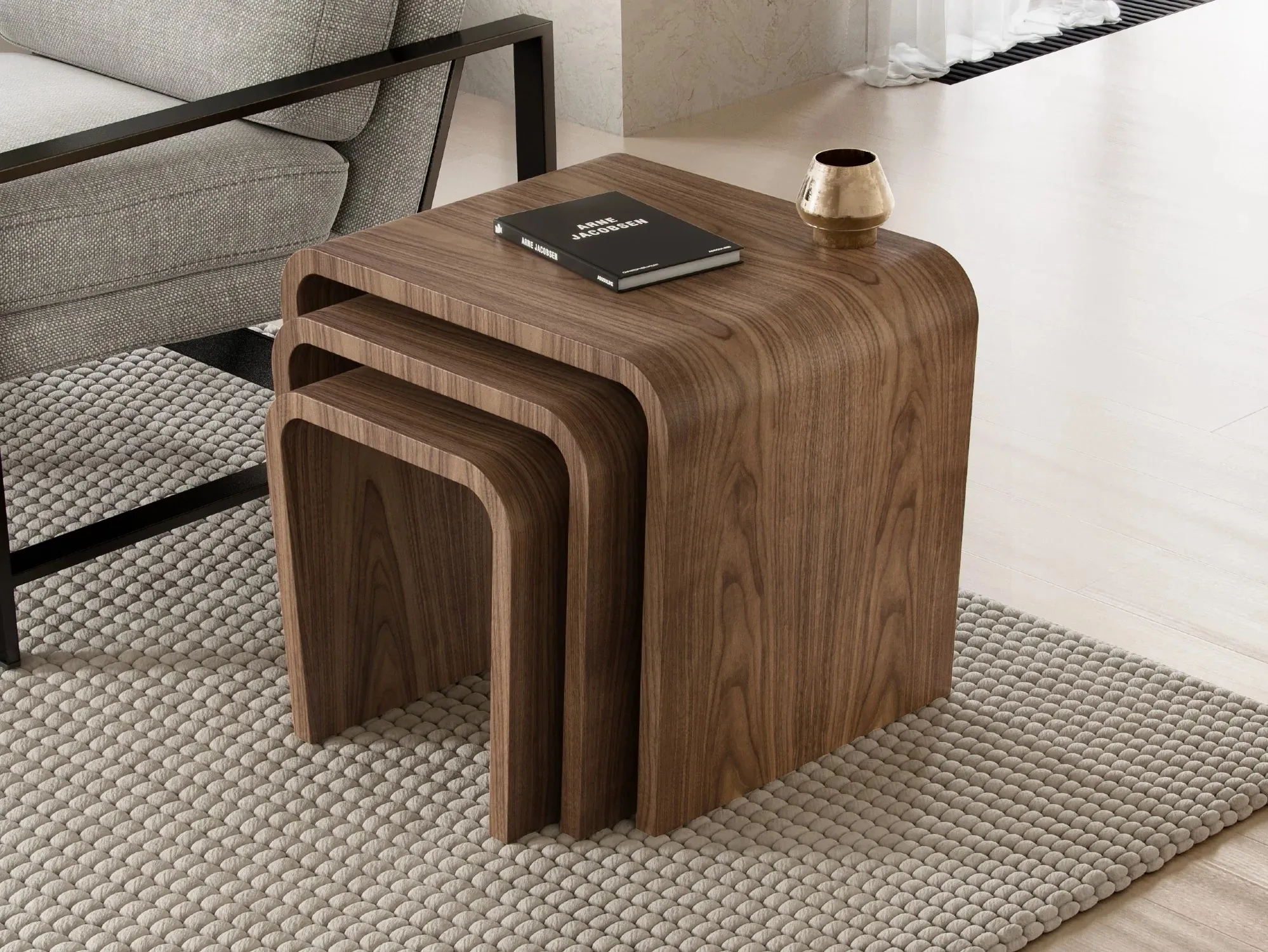 Set of 3 curved walnut tables