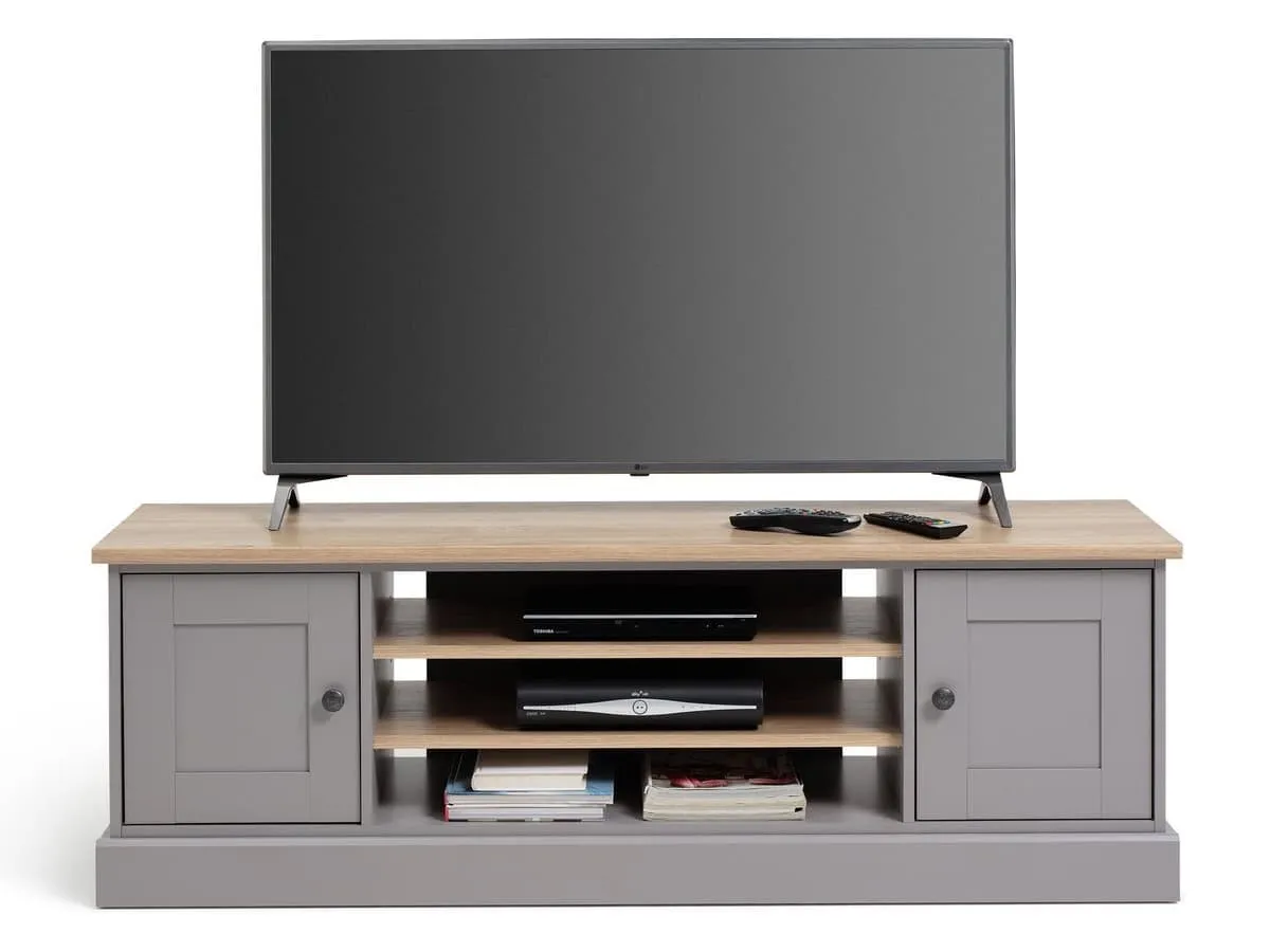 Grey and oak tv unit with two doors and central shelving