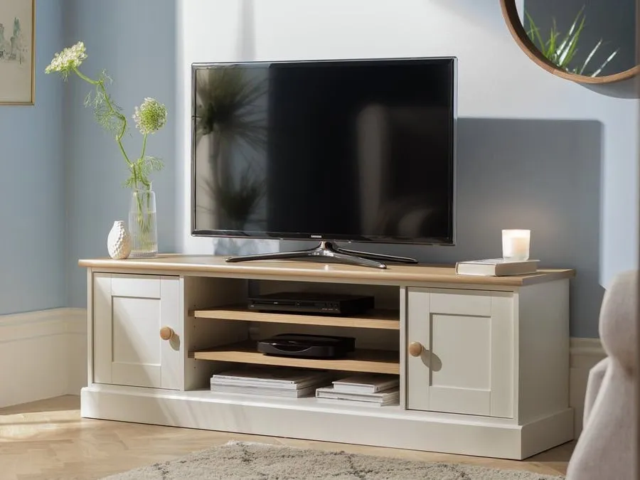 Cream-painted 2-door tV stand with 3 open shelves and light oak trim