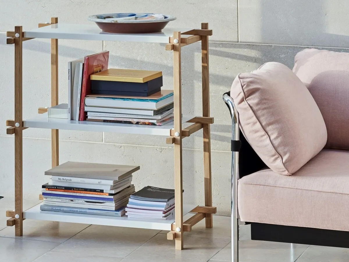 3-tier wood and metal modular shelving unit