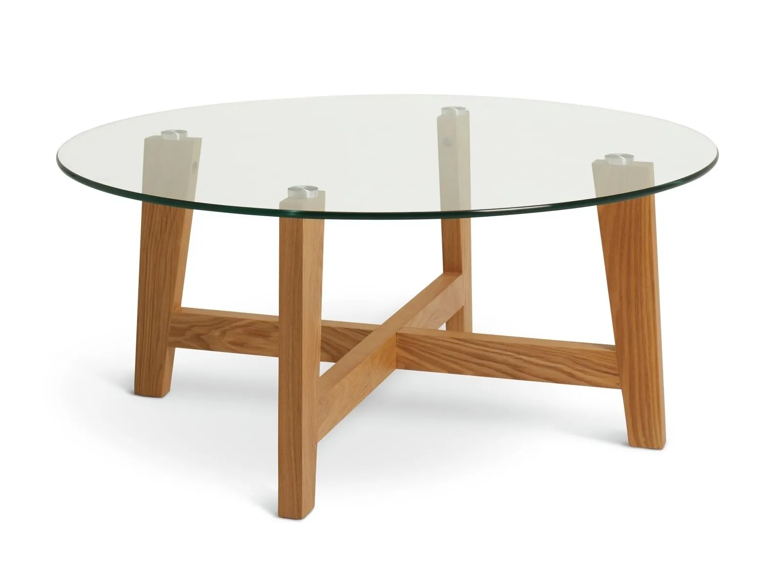 Round glass coffee table with wooden frame