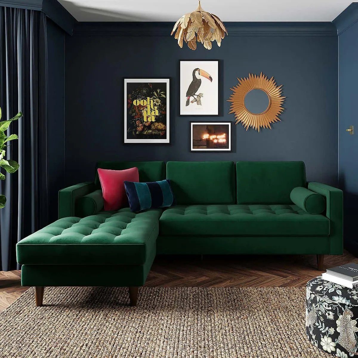 Bottle green velvet upholstered corner chaise sofa