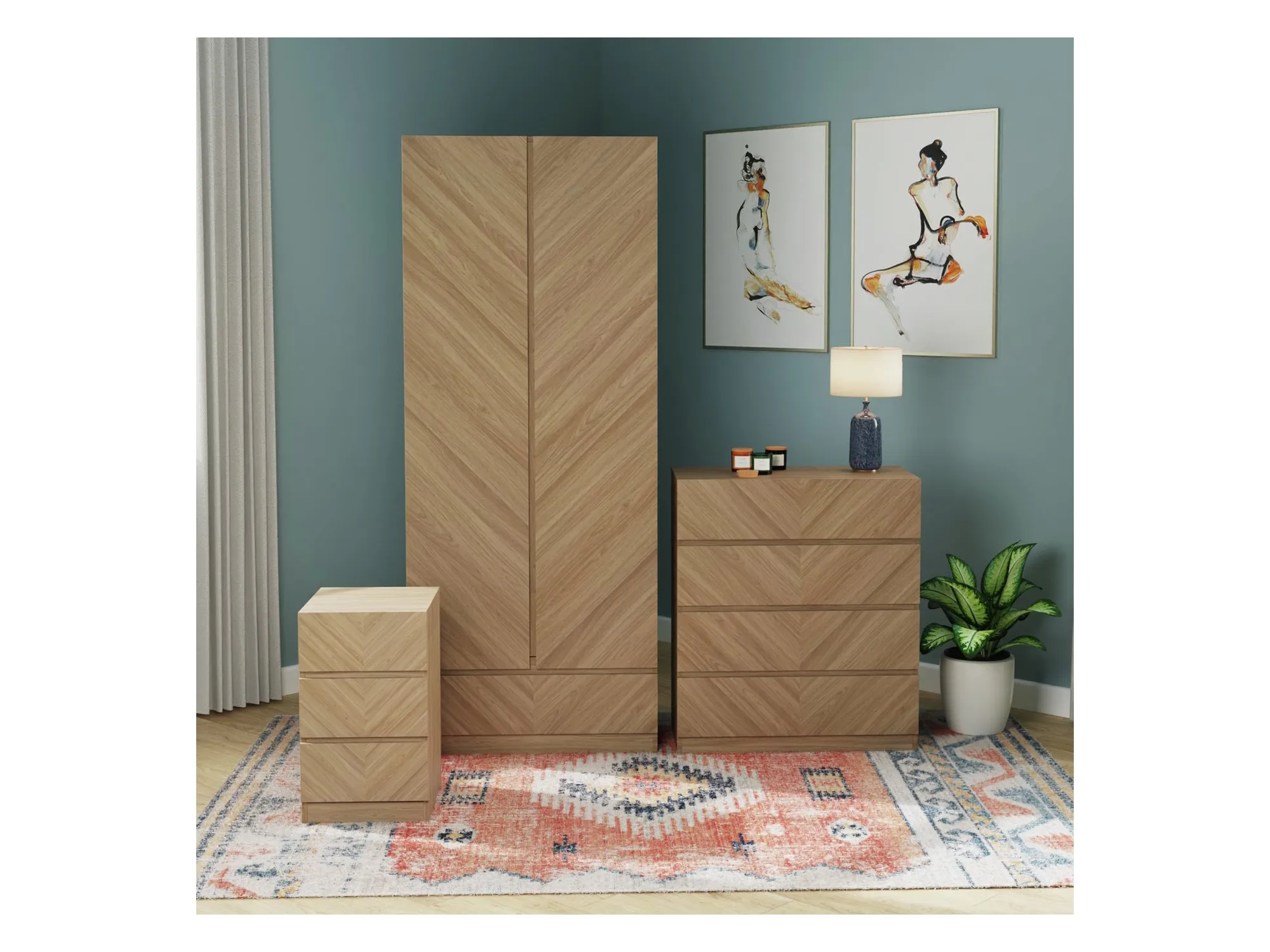 3-piece bedroom furniture set with oak cheron pattern finish