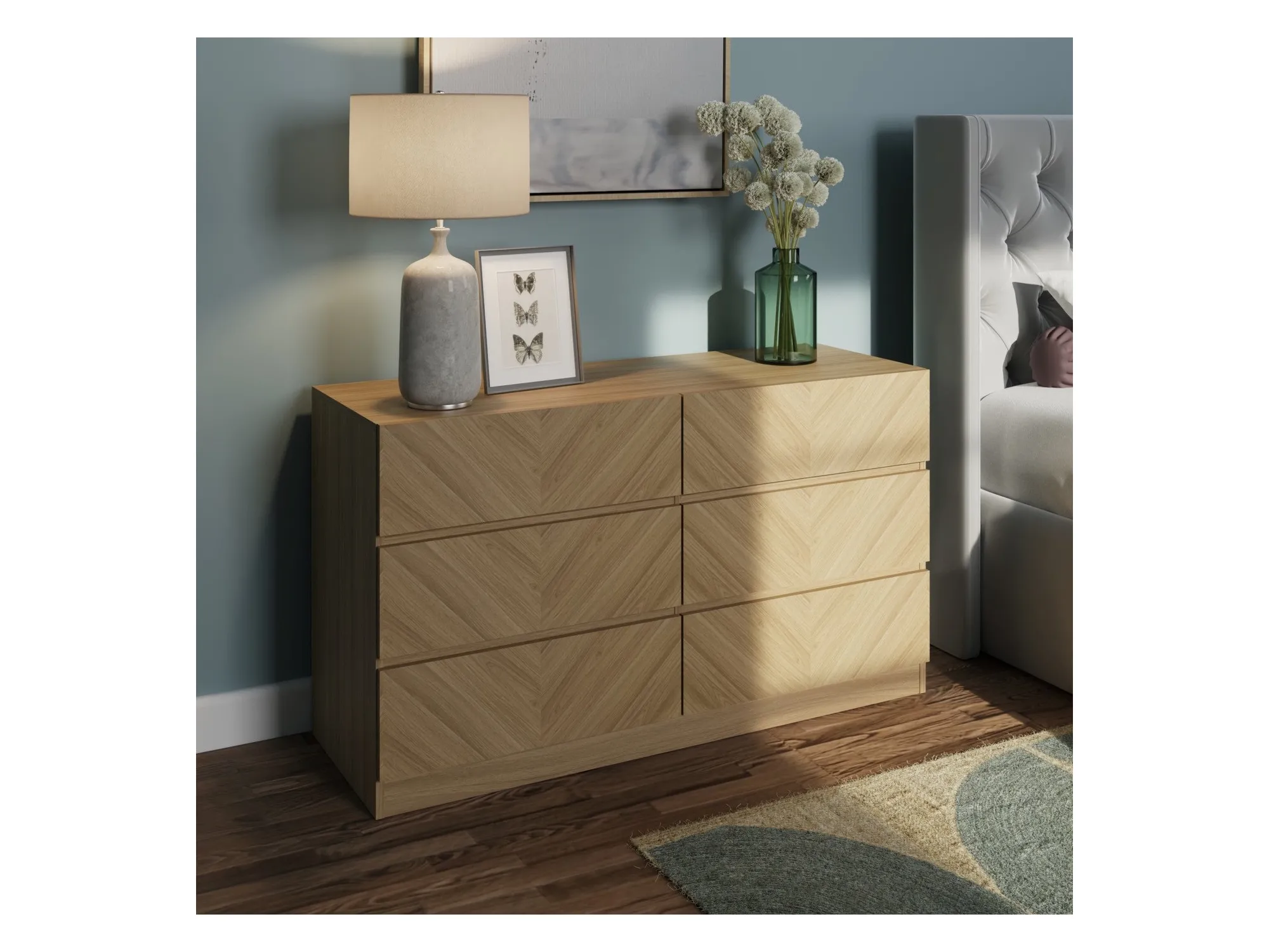 6 drawer chest with chevron pattern oak finish