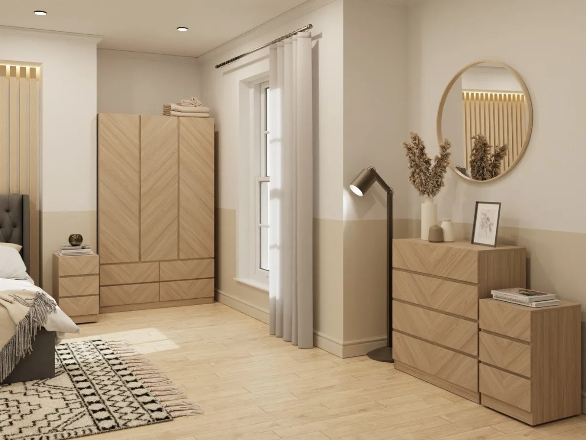 Chevron pattern oak-finish bedroom furniture