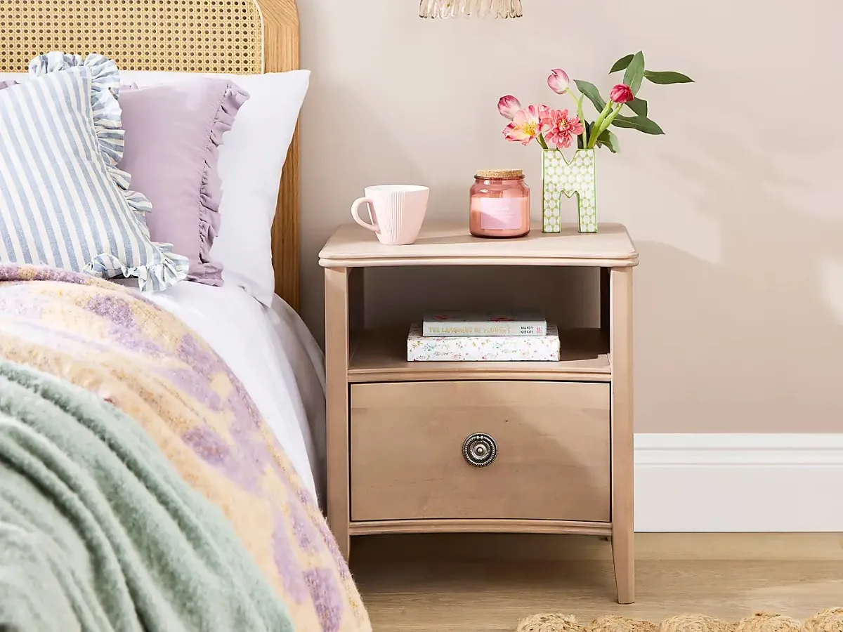 Birch bedside table with concave drawer and open shelf