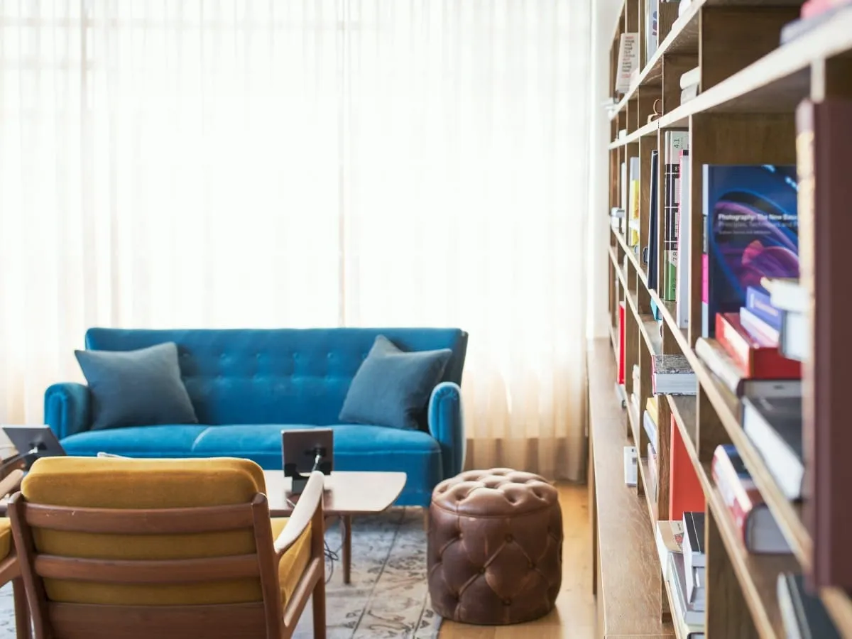 Book shelves dividing a room
