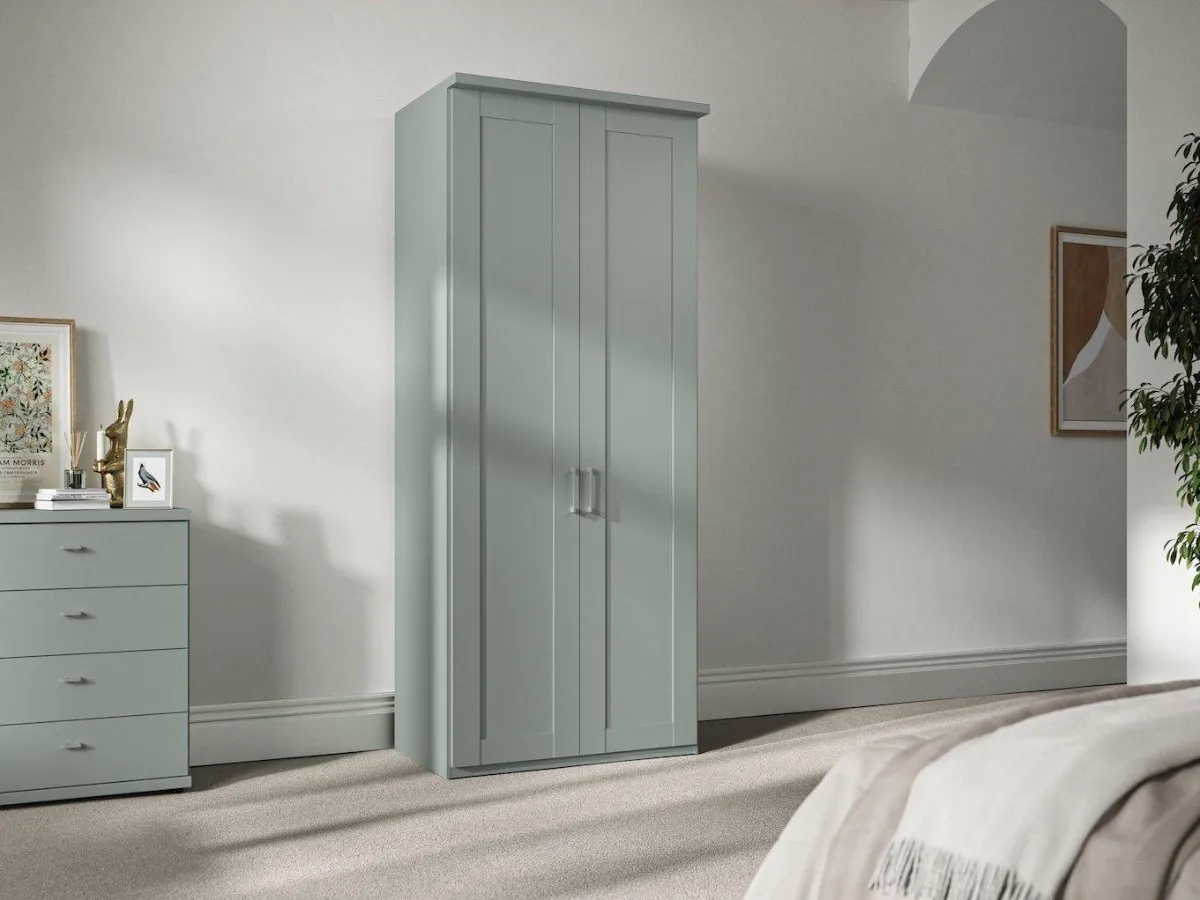 Sage green 2-door wardrobe with mirror