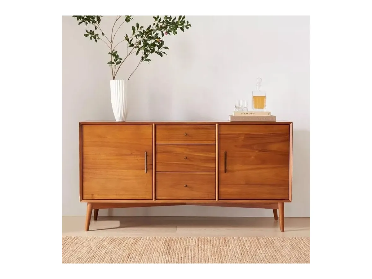 Mid-Century style 2-door sideboard with 3 drawers and an acorn finish