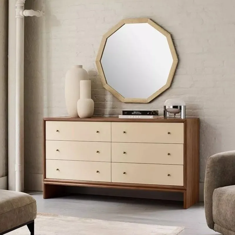 Oak chest with 6 contrasting cream-coloured drawers