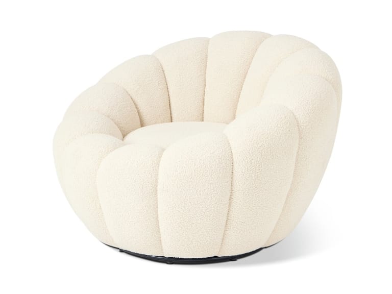 White boucle fabric upholstered tub chair