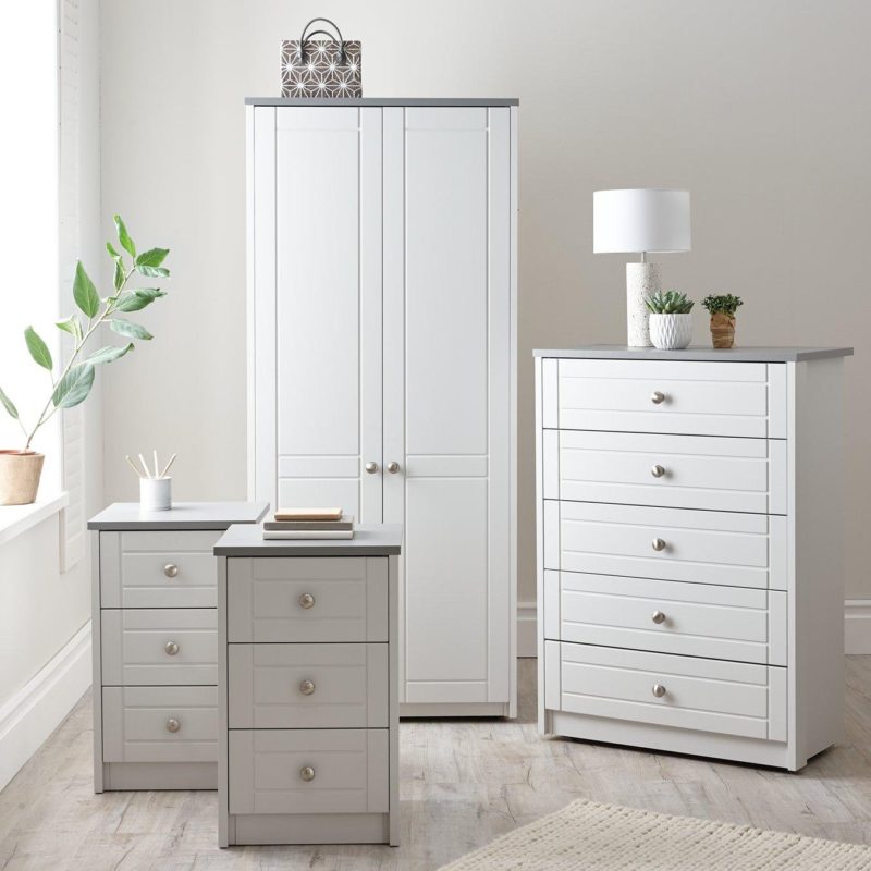 Grey wardrobe, 5 drawer chest and pair of bedside chests