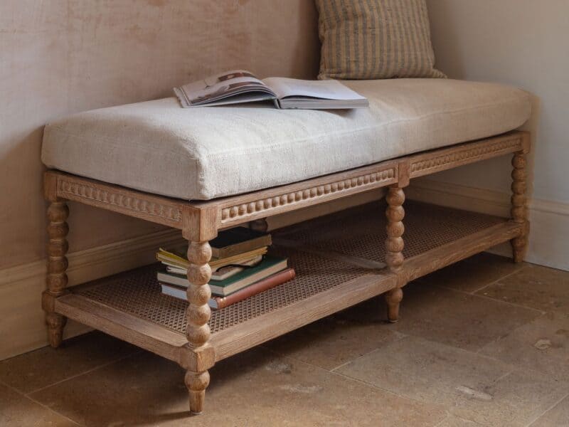 Ash frame bench with linen covered seat pad