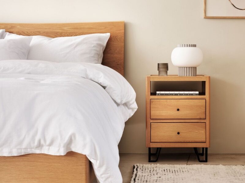 Oak 2-drawer bedside table with open shelf