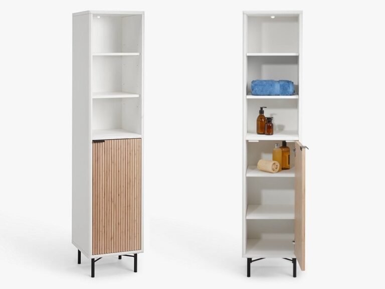 Free-standing bathroom cabinets with ridge-pattern doors