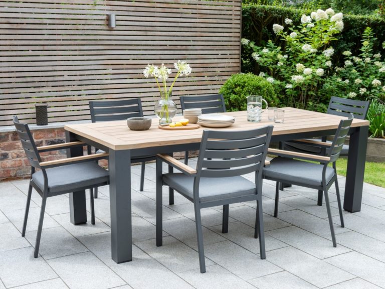 Teak dining table with grey metal frame