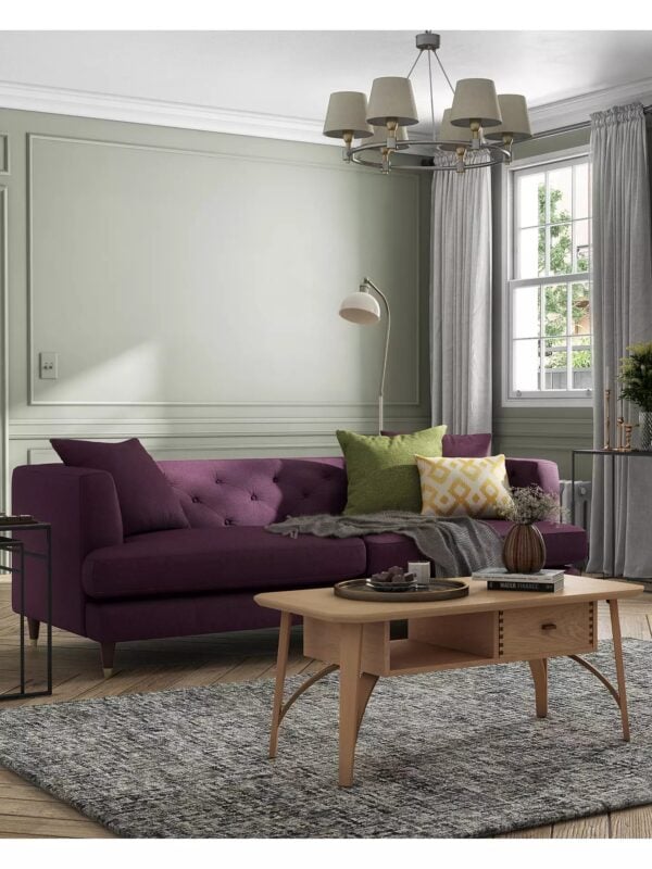 Purple fabric upholstered sofa