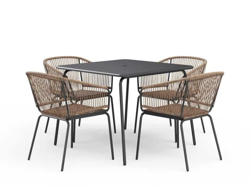 Square outdoor dining table and 4 woven rattan chairs