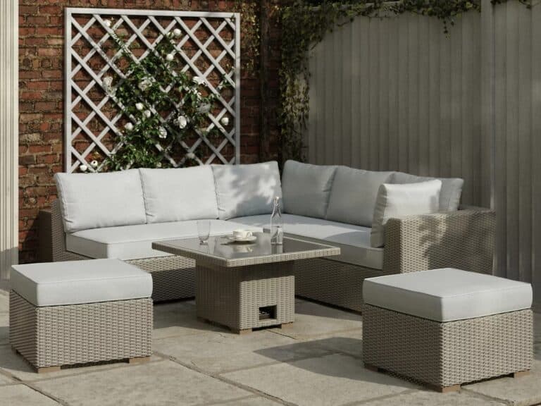 Rattan corner sofa, 2 rattan stools and a rattan coffee table