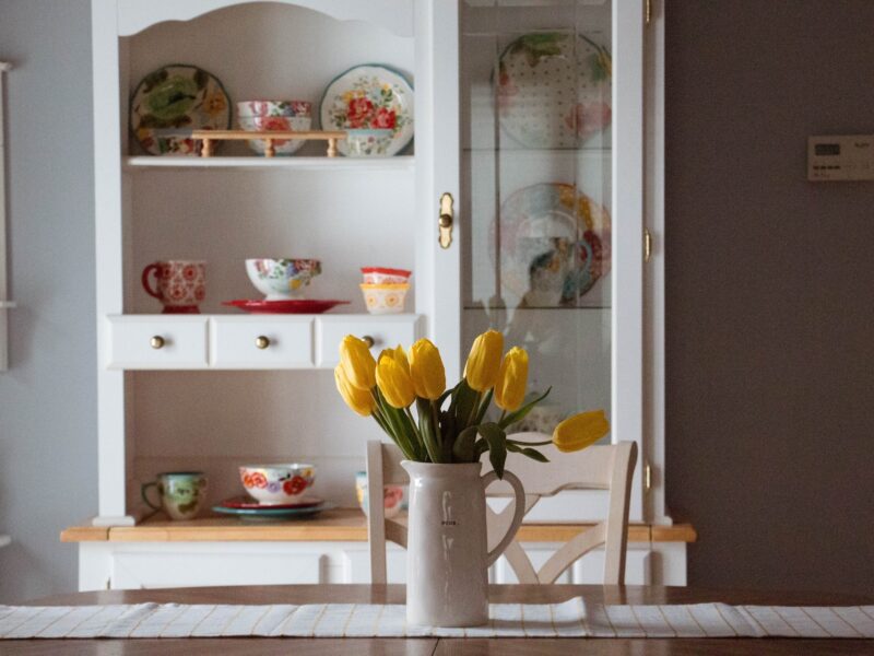 Kitchen refreshed with a few decorative accessories and a jug of tulips