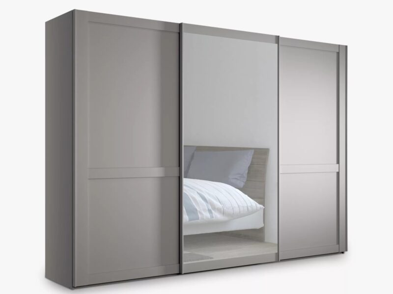 Pebble grey wardrobe with 2 grey sliding doors and one mirror door