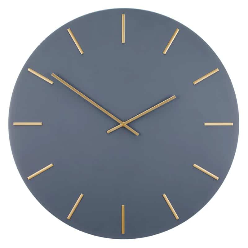 Round grey wall clock with brass numerals and hands