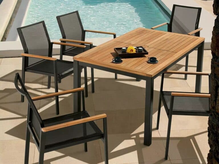 Teak garden table and chair set with charcoal grey frames