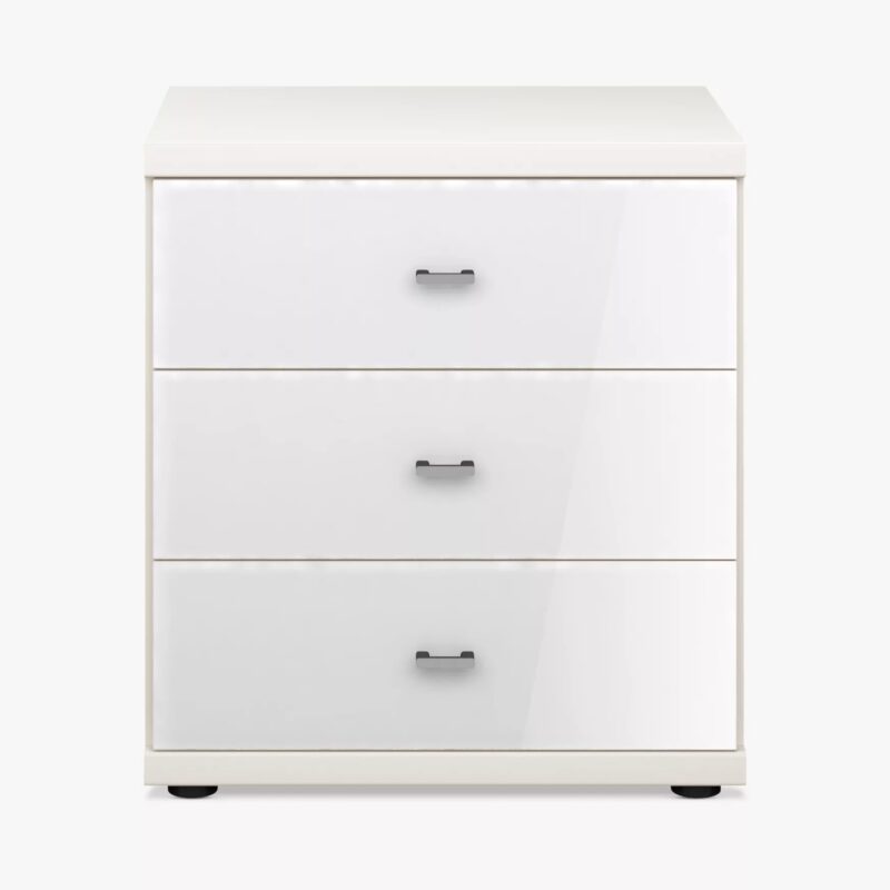 White bedside chest with glass drawer fronts