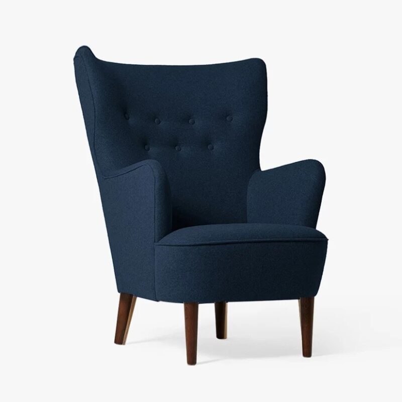 Indigo wool fabric upholstered high back armchair