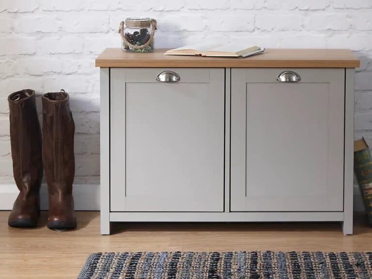 Grey-painted shoe cabinet with oak top