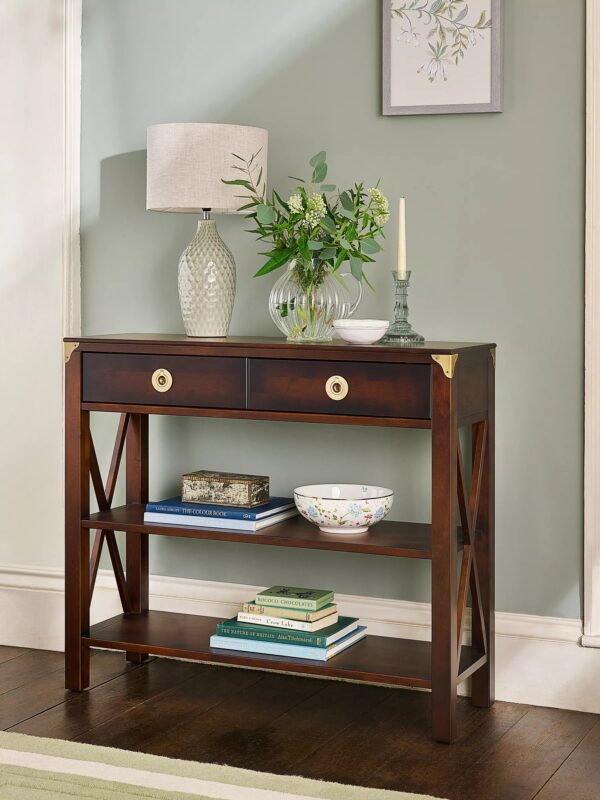 Chestnut console table with drawer and 2 shelves