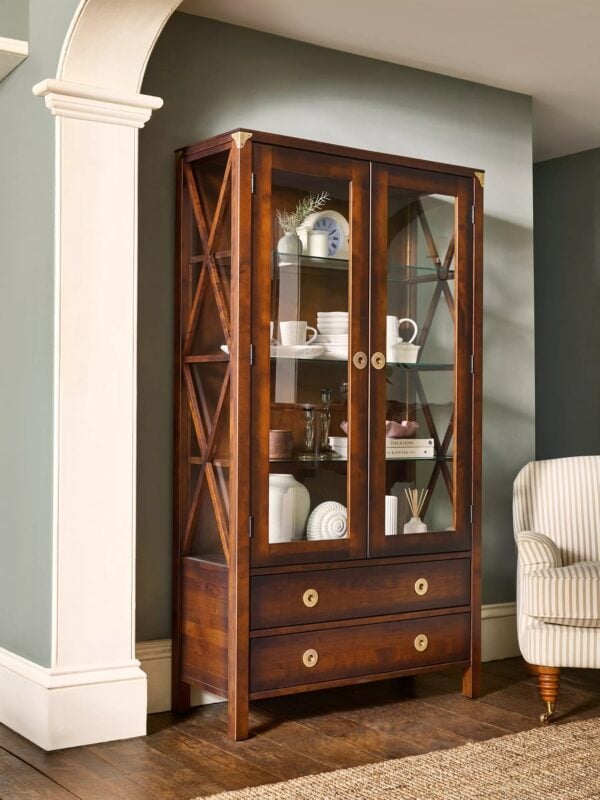 Chestnut display cabinet with 4 drawers