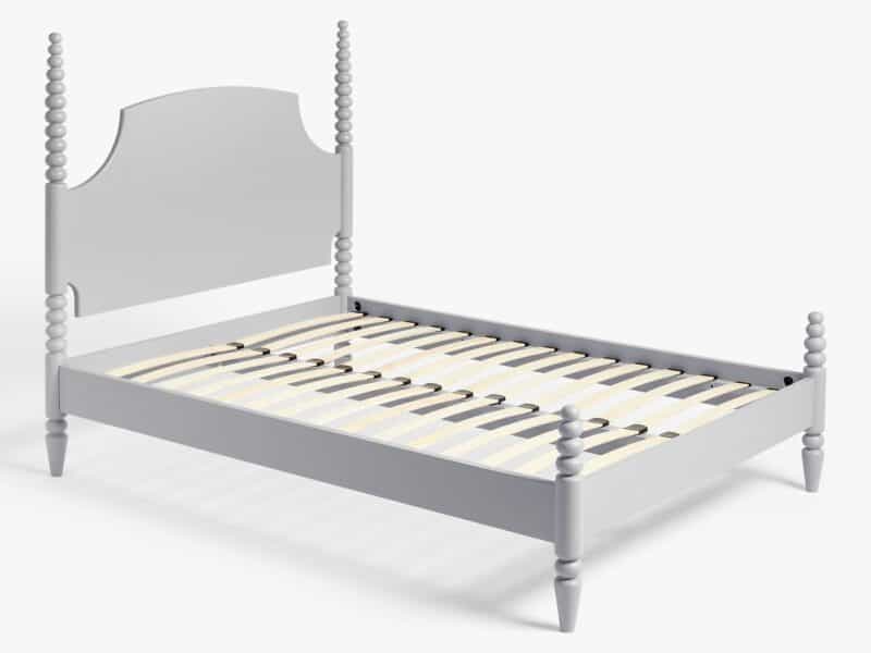 Grey-painted bed frame with bobbin frame and wood slatted base