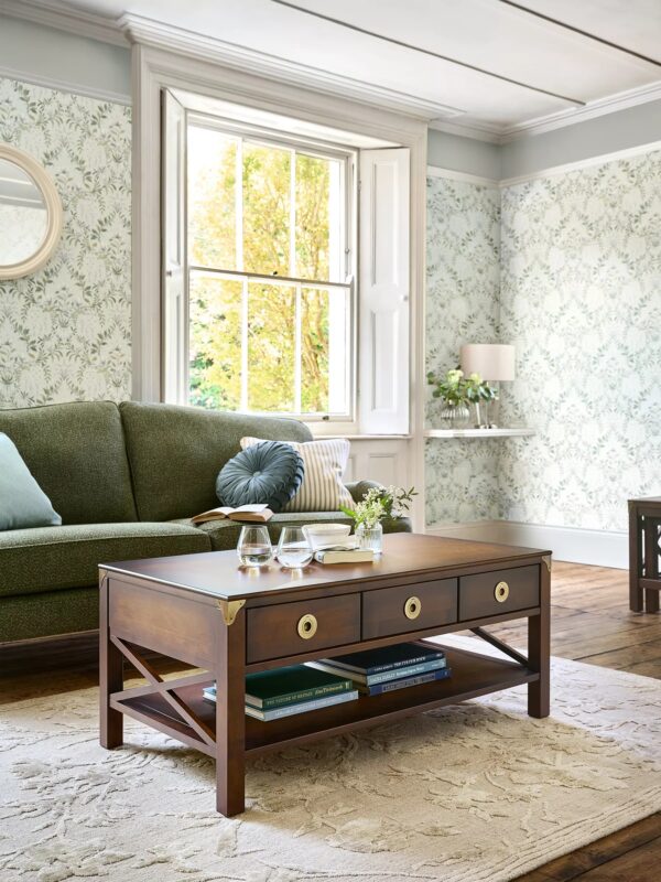 Chestnut coffee table with 3 drawers and shelf