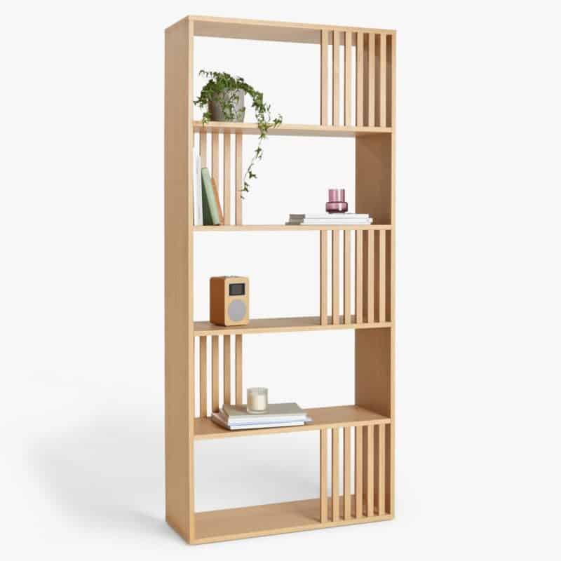 Oak finish bookcase with vertical  line deatiling