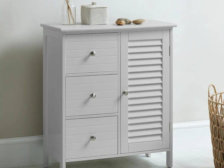 Grey painted bathroom storage unit