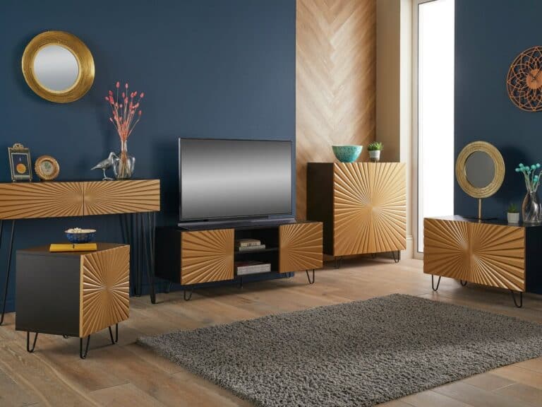 Living room storage furniture with gold coloured