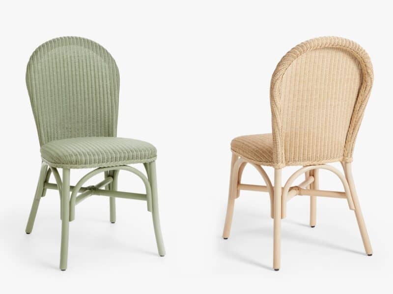 Sage green and natural woven cane dining chairs