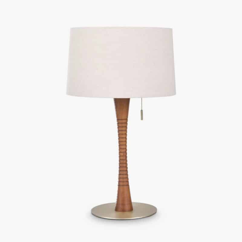 Ribbed stem table lamp with brass base and linen shade